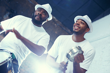 Image showing Night, drum or men in band for festival playing an instrument in carnival in Rio de Janeiro, Brazil. Black people, live show or happy artists banging to create a beat in party or music performance