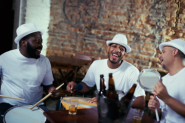 Image showing Band, men and play samba music while singing for carnival night, event and live performance with drums. Musicians, artists and beer for fun show in rio de janeiro, happy and celebration for parade