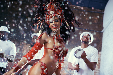 Image showing Band, dancing or happy woman in carnival celebration, music culture or samba in Rio de Janeiro, Brazil. Night, party performance or girl dancer with smile at festival, parade event or fun live show
