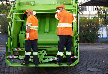 Image showing Garbage collector, service and truck for waste management and teamwork with routine and cleaning the city. Road, recycling and environment with transportation and green energy with trash or street