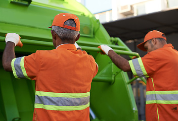 Image showing Garbage collector, men and truck for waste management and teamwork with routine and cleaning the city. Employees, recycle and environment with transportation and green energy with trash and service