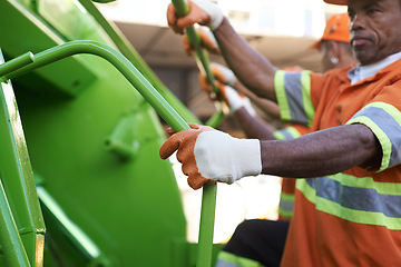 Image showing City, worker and man with garbage truck for trash, waste management and maintenance service. Urban, cleaning and industrial person outdoor with rubbish collection, infrastructure and sanitation