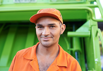 Image showing Male, garbage collector and dump truck smiling portrait, sanitation and municipal worker for world clean up day. Waste management, pollution and trash pick up for recycling service and dirt removal