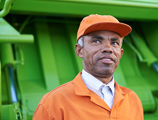 Image showing Garbage, worker and dump truck for collection, thinking and protective uniform for pick up. Sanitation, employee or planning idea for waste management, municipal cleaning and environmental service