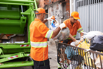 Image showing City, trash and people with garbage truck working in waste management and maintenance service. Urban, cleaning and men outdoor with industrial sanitation, collection of rubbish and infrastructure