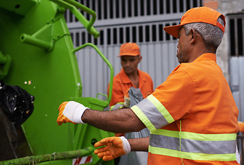 Image showing City, trash and people with garbage truck working in waste management and maintenance service. Urban, cleaning and men outdoor with industrial sanitation, collection of rubbish and infrastructure