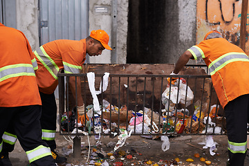 Image showing Garbage, collectors and men with trash, waste management and rubbish with routine and service. Street, employees and group with teamwork and recycling with pollution and cleaning with mess or uniform