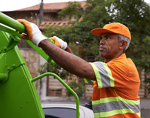 Image showing City, worker and man with garbage truck for trash, waste management and maintenance service. Urban, cleaning and industrial person outdoor with rubbish collection, infrastructure and sanitation