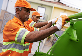 Image showing Garbage truck, men and cleaning the city for waste management and teamwork with routine and service. Employees, recycle and sanitation with transportation and green energy with trash and vehicle