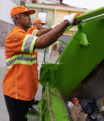 Image showing Garbage, worker and man in city with trash, maintenance and waste management service. Urban, cleaning and person with sanitation, industrial truck and collection of rubbish for infrastructure