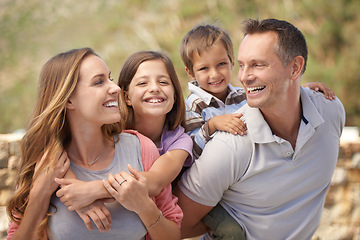 Image showing Parents, children and nature travel as family or holiday connection for explore adventure or park, relax or vacation. Mother, father and siblings on piggyback in Florida or together, playing or hug