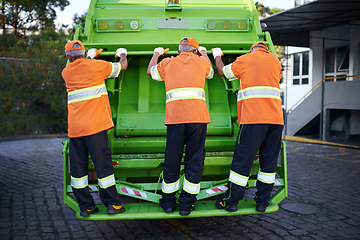 Image showing Men, garbage truck and waste collection service for city pollution for cleaning, environment or teamwork. Male people, back and dirt transportation for sidewalk debris in New York, mess or litter