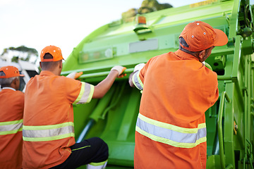 Image showing Men, garbage truck and trash collection service for city pollution for cleaning, environment or teamwork. Male people, back and dirt transportation for sidewalk debris in New York, mess or litter