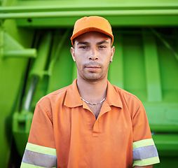 Image showing Portrait, man and worker with garbage truck for trash collection in outdoor city street. Industry, maintenance and face of male person in uniform for dirt, rubbish or disposal service in town road.