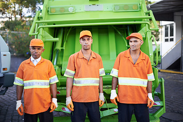 Image showing Men, garbage truck and portrait or collection service in city or waste management or pollution, plastic or environment. Teamwork, face and dirt transportation in New York or sanitation, junk or trash