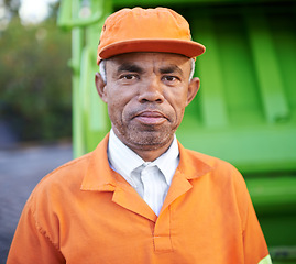 Image showing Portrait, man and worker for garbage collection with truck for trash, outdoor and Cape Town. Black person, adult and employee with uniform for service in urban city, waste and pollution in dump site