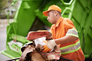 Image showing Man, garbage truck and waste collection on street or recycling pollution for dirt management, cleaning or environment. Male person, trash and refuse transportation in New York, service or maintenance