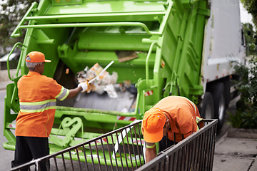 Image showing Men, garbage truck and city container for collection service for public pollution for recycling, waste management or trash. Community worker, teamwork and plastic in New York for junk, refuse or dirt