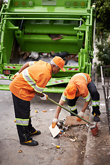 Image showing Garbage truck, broom and men with collection service on street in city for public environment cleaning. Junk, recycling and male people working with waste or trash for road sanitation with transport.