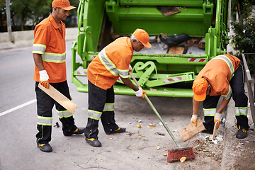 Image showing Garbage truck, broom and people with collection service on street in city for public environment cleaning. Junk, recycling and men working with waste or trash for road sanitation with transport.