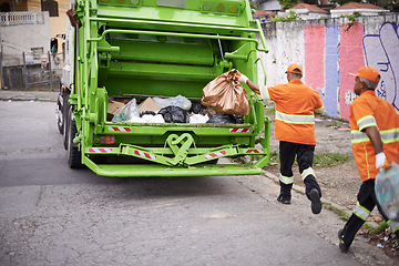 Image showing Garbage truck, trash and men with collection service on street in city for public environment cleaning. Junk, recycling and male people working with waste or dirt for road sanitation with transport.