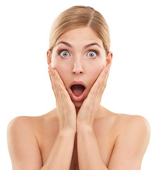 Image showing Studio, portrait and beauty for surprised woman on white background, cosmetics and makeup for face of girl. Female person, shocked and expression for results of aesthetic, dermatology and treatment