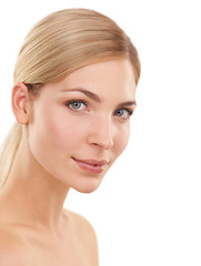 Image showing Beauty, skincare and portrait of woman in studio with cosmetics, confidence and natural facial. Dermatology, healthy skin and face of girl on white background with self care, glow and wellness.