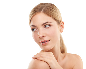 Image showing Beauty, skincare and face of woman in studio with cosmetics, confidence and natural facial glow. Dermatology, healthy skin and girl on white background with luxury treatment, self care and wellness.