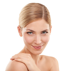 Image showing Beauty, skincare and portrait of woman with cosmetics, confidence and natural facial in studio. Dermatology, healthy skin and girl on white background with spa treatment, self care and wellness.