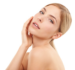 Image showing Beauty, skincare and portrait of woman with natural facial, cosmetics and confidence in studio. Dermatology, healthy skin and proud face of girl on white background with self care, glow and wellness.