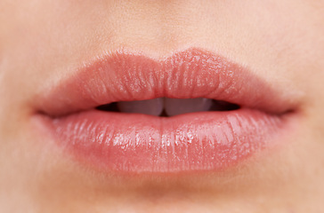 Image showing Beauty, macro and lips of woman, cosmetic and lipstick for face or makeup. Skincare, natural or close up of female person, open mouth and aesthetic with lip gloss for cosmetology or facial treatment