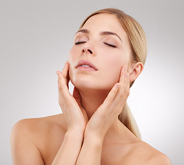 Image showing Beauty, aesthetic and woman with makeup in studio, self care and grey background. Female person, glow and grooming with cosmetics for treatment, skincare and dermatology with results for girl