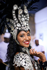 Image showing Carnival, dancer and portrait of woman in costume for festival, celebration and holiday party. Festive, samba and person in masquerade outfit for performance, culture and concert in Rio de Janeiro