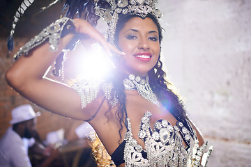 Image showing Culture, dance and portrait of woman at carnival with costume for celebration, music and happy performance in Brazil. Samba, party and girl at festival, parade or show in Rio de Janeiro with smile.