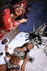 Image showing Samba, dance and woman at carnival, festival and event in Brazil for summer celebration at night. Sexy, dancer or creative fashion for salsa performance with energy, music or people at club to party