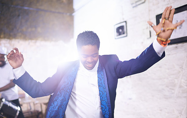 Image showing Happy, dance and black man at event with music, band and samba in celebration of culture in Brazil. Drums, musician and person moving with creative performance at party and joy from salsa or talent