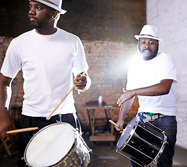 Image showing Night, drum or black people in band for carnival playing an instrument in festival in Rio de Janeiro. Brazil, show or group of male artists banging to create a beat in fun party or music performance