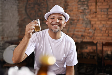 Image showing Smile, restaurant and portrait of man with beer for celebration, cheers and toast to weekend. Black person, glass and alcohol with happiness for pub, drink and enjoyment on vacation in Las Vegas