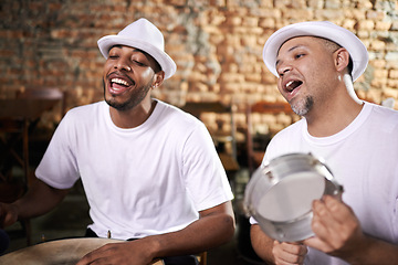 Image showing Happy, band and music on drums for carnival, festival or creative performance at party in Brazil. Night, club and musician singing with instrument for playing samba or salsa beat with rhythm