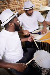 Image showing Group, band and music on drums for carnival, festival or creative performance at party in Brazil. Night, club and musicians with instrument for playing samba, salsa beat and rhythm in Rio de Janeiro