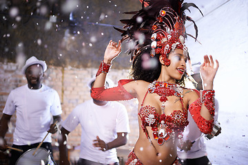Image showing Dance, performance and woman at carnival, festival and event in Brazil for summer celebration of culture. Salsa, dancer and creative fashion at club with energy for samba, music or people at party
