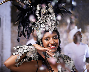 Image showing Carnival, dancer and portrait of woman at festival, event or samba in Brazil for summer celebration of culture. Salsa, dancer and creative fashion with happiness from music or people at club or party
