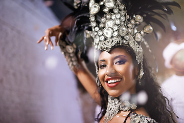 Image showing Carnival, dancer and portrait of woman at festival, event or samba in Brazil for summer celebration of culture. Salsa, dancer and creative fashion with happiness from music or people at club or party