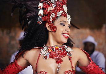 Image showing Dancer, carnival and girl with band, happy and pride for culture with group for music performance in night. Woman, men and people dancing at event, party or celebration for energy in Rio de Janeiro