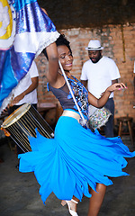 Image showing Show, drums or festival with a happy woman or dancer dancing in a carnival in Rio de Janeiro, Brazil. Performance, party or rhythm with musician, performer or artist banging to create beat in band
