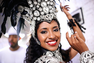 Image showing Portrait, dance and woman at carnival with costume for celebration, music and happy band performance in Brazil. Culture, party and girl in festival, parade or samba show in Rio de Janeiro with smile.