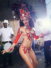 Image showing Band, dance and woman at carnival with costume for celebration, music and happy samba performance in Brazil. Culture, party and girl in street festival, parade or show in Rio de Janeiro with smile.