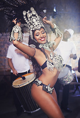 Image showing Culture, samba and woman at carnival with costume for celebration, music and happy band performance in Brazil. Dance, party and girl in street festival, parade or show in Rio de Janeiro with smile.