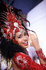 Image showing Samba, portrait and woman at carnival with costume for celebration, music and happy band performance in Brazil. Culture, dance party and girl at festival, parade or show in Rio de Janeiro with smile.