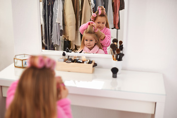 Image showing Girls, bedroom and mirror with beauty, hairstyle and happiness with vacation and bonding together. Makeup, home and kids with fun and holiday with grooming and childhood with joy and weekend break